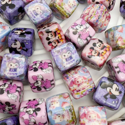 14Mm acrylic color printing cartoon Mickey Mouse KT cat square beads oblique hole DIY mobile phone rope pendant accessories