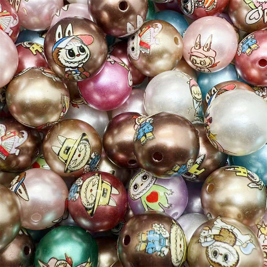 16mm Acrylic Jelly Color Printed Rag Cloth Round Beads – Straight Hole DIY Phone Rope & Keychain Accessories