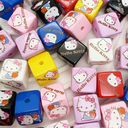 Acrylic square beads 14MM printed cartoon Hello Kitty perforated loose beads bracelet necklace handmade material jewelry accessories
