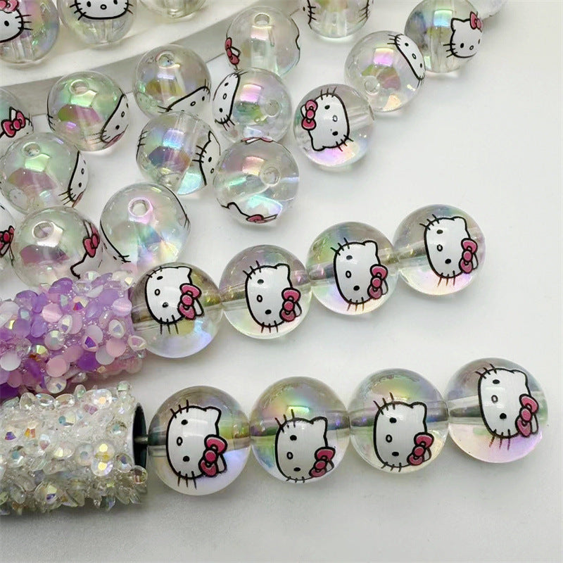Transparent Acrylic Hello KT Cat Printed Round Beads – Straight Hole DIY Jewelry & Phone Chain Accessories