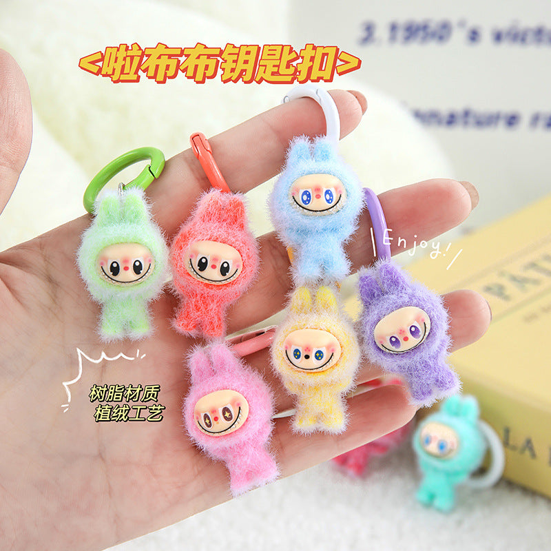 Labubu Flocking Doll Pendant Keychain DIY Decorative Ornament Jewelry Girlfriend Gift Bag Pendant