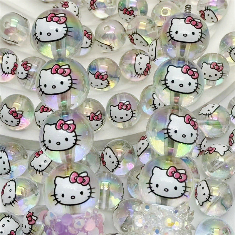Transparent Acrylic Hello KT Cat Printed Round Beads – Straight Hole DIY Jewelry & Phone Chain Accessories