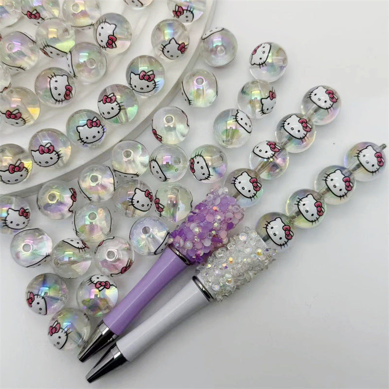 Transparent Acrylic Hello KT Cat Printed Round Beads – Straight Hole DIY Jewelry & Phone Chain Accessories