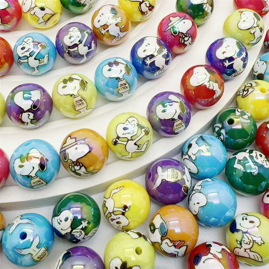 16mm Acrylic UV Plated Snoopy Printed Round Beads – Straight Hole DIY Phone Chain & Keychain Accessories
