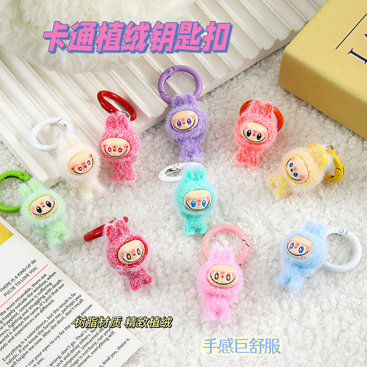 Labubu Flocking Doll Pendant Keychain DIY Decorative Ornament Jewelry Girlfriend Gift Bag Pendant