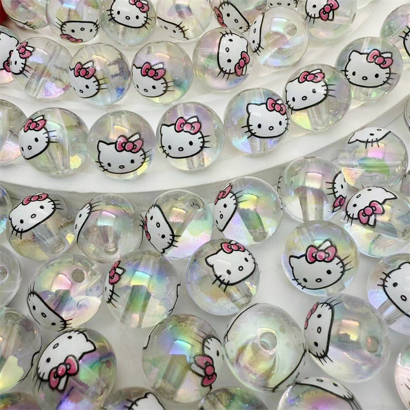 Transparent Acrylic Hello KT Cat Printed Round Beads – Straight Hole DIY Jewelry & Phone Chain Accessories